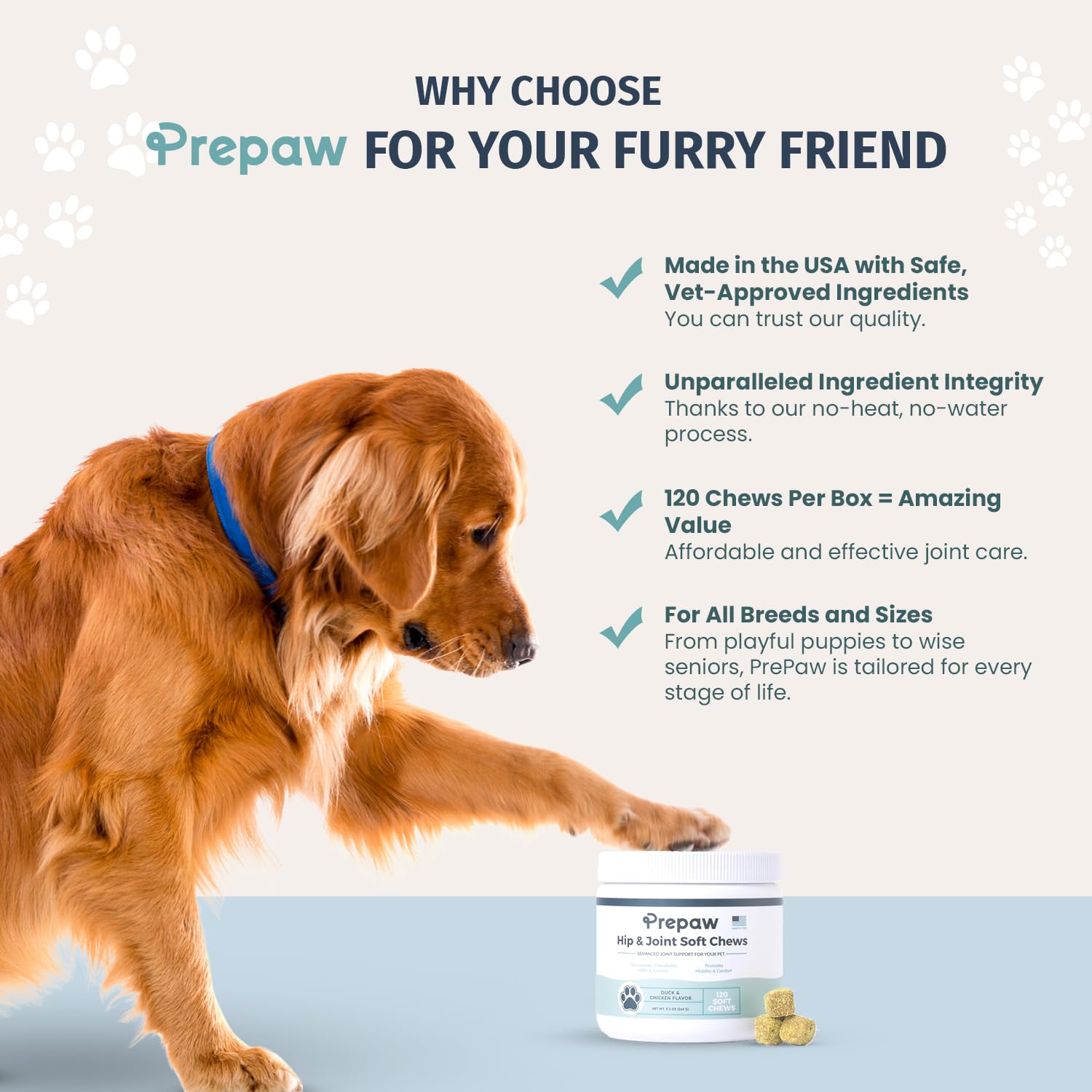 Prepaw Hip & Joint Support for Dogs | Made in USA - 120 Chews