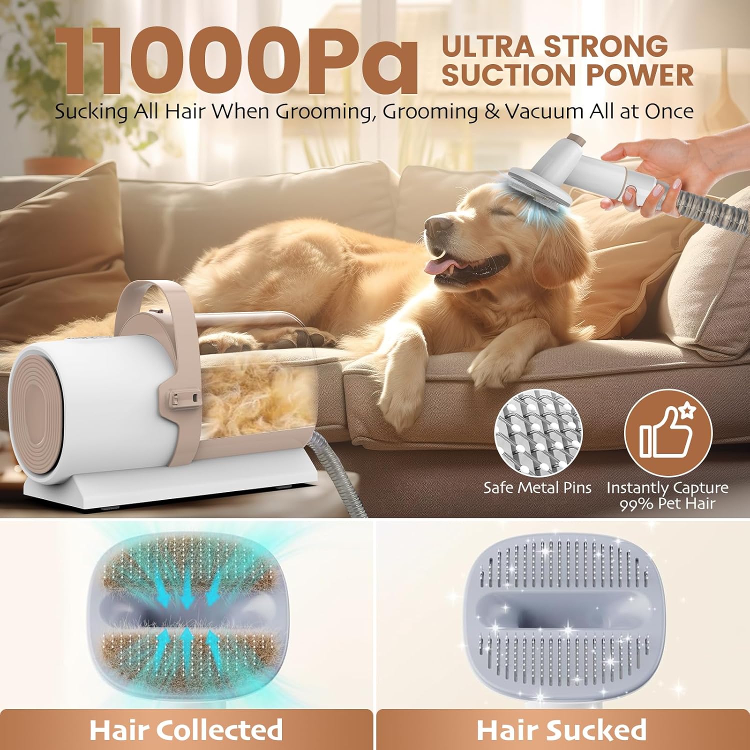 PrePaw Pet Grooming Vacuum Kit with Paw Trimmer & Nail grinder - 11000Pa Powerful Suction With HEPA Filter - Beige