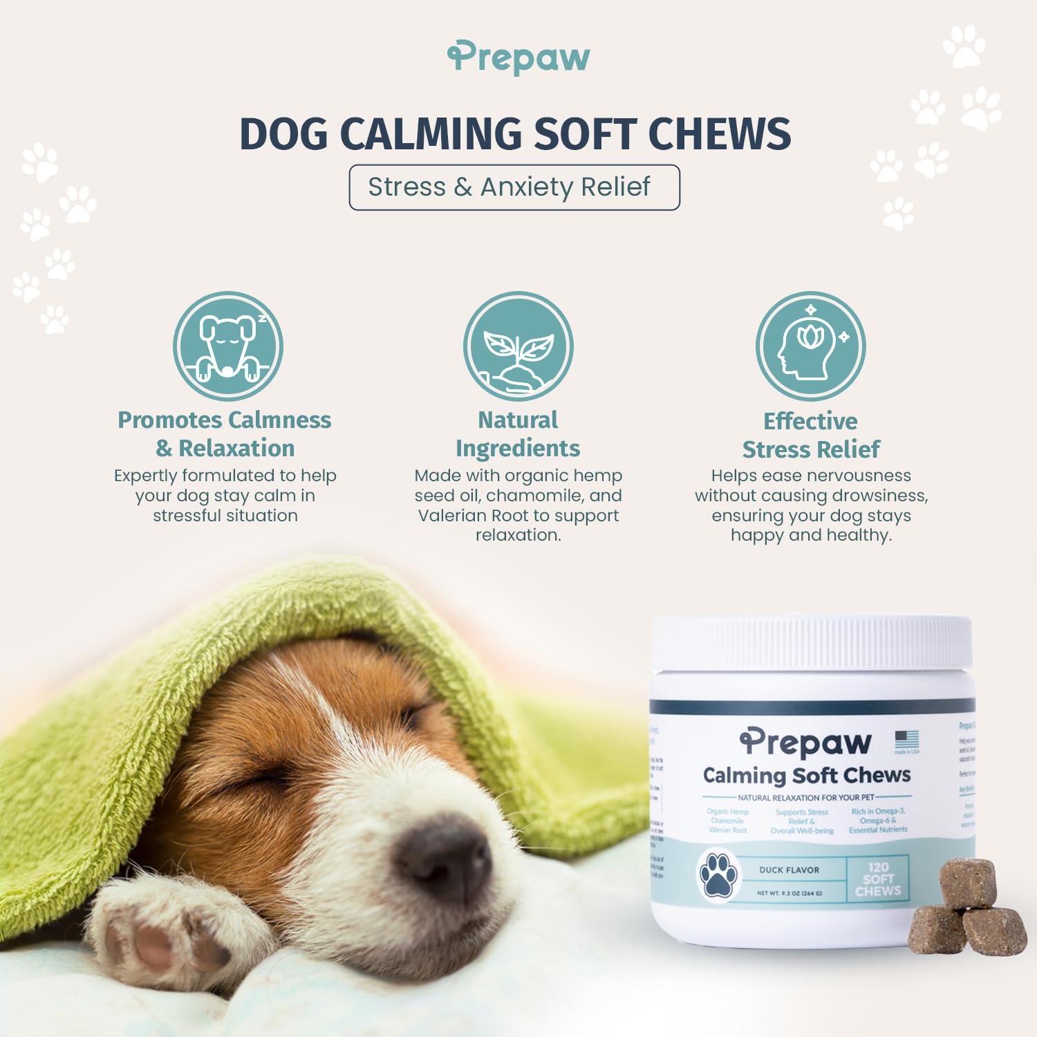 Prepaw Calming Hemp Soft Chews for Dogs -  USA Made, 120 Soft Chews