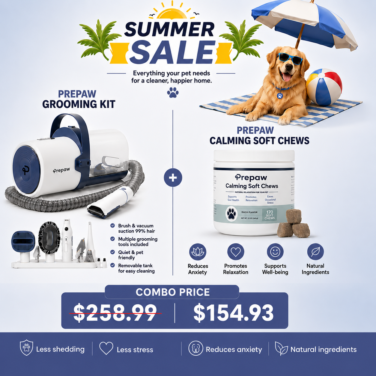 PrePaw Pet Grooming Vacuum Kit with Paw Trimmer, Nail grinder & USA Made Calming Hemp Soft Chews for Dogs