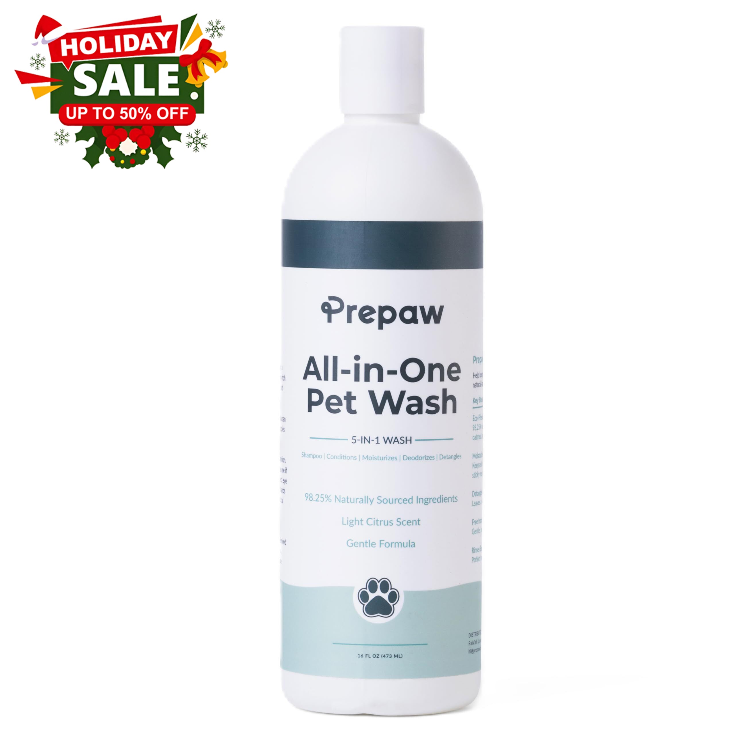 PrePaw Pet Wash - All Natural-5 in 1 -Shampoo & Conditioner-Light Citrus Scent, 16 fl oz